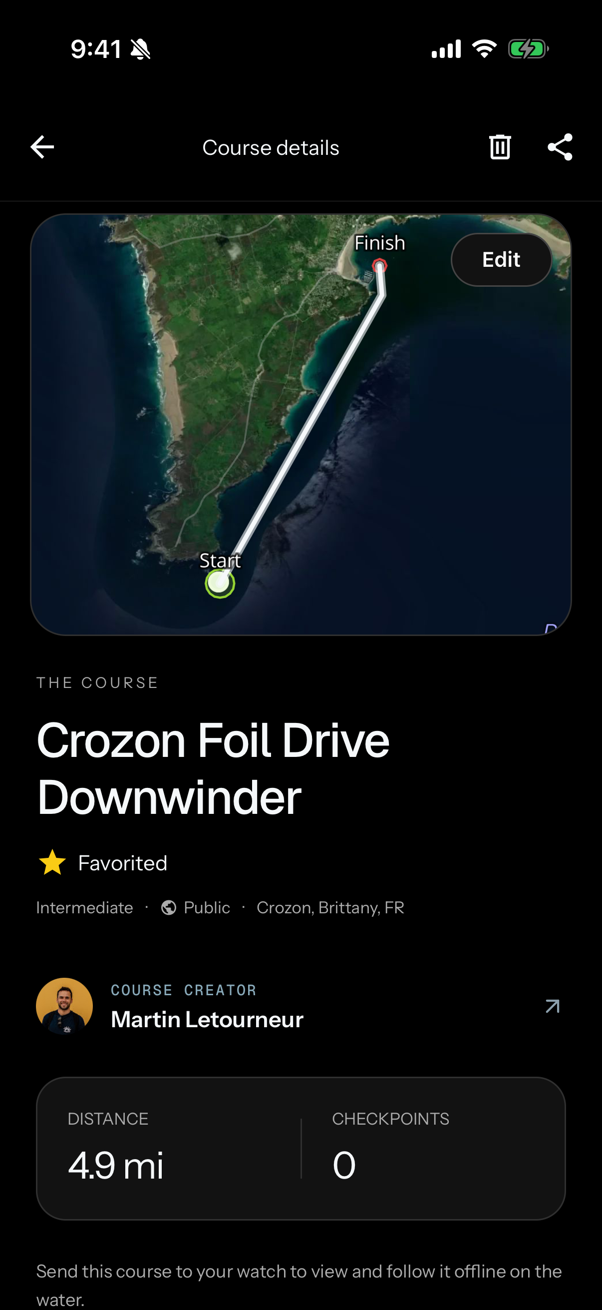 Crozon Foil Drive Downwinder course map